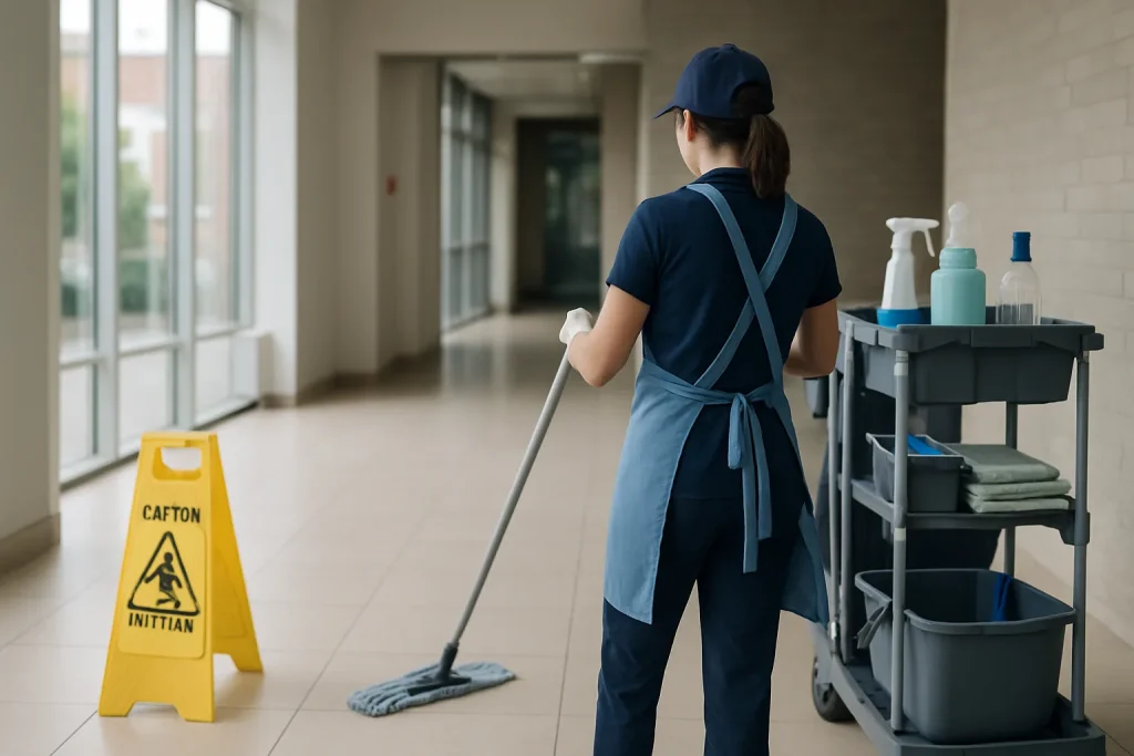 Un professionnel nettoie un bureau à Fresnes-Sur-Escaut, montrant un environnement de travail propre.