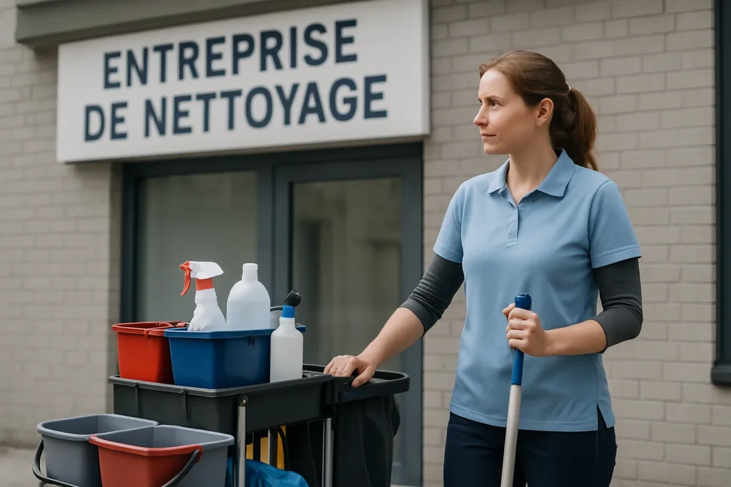 Professionnel du nettoyage désinfectant un bureau à Outreau avec des produits écologiques.
