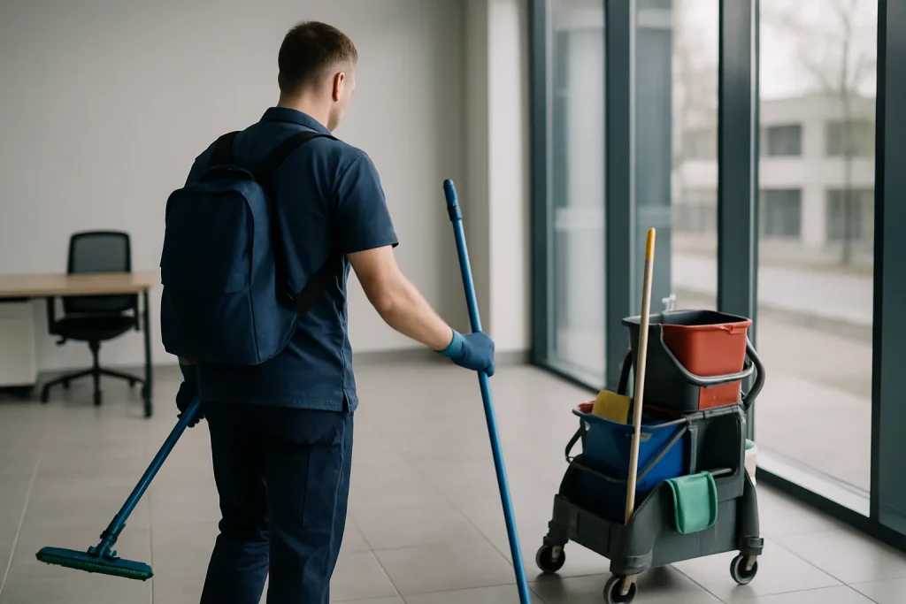 Équipe professionnelle de nettoyage travaillant dans un appartement à Anzin.