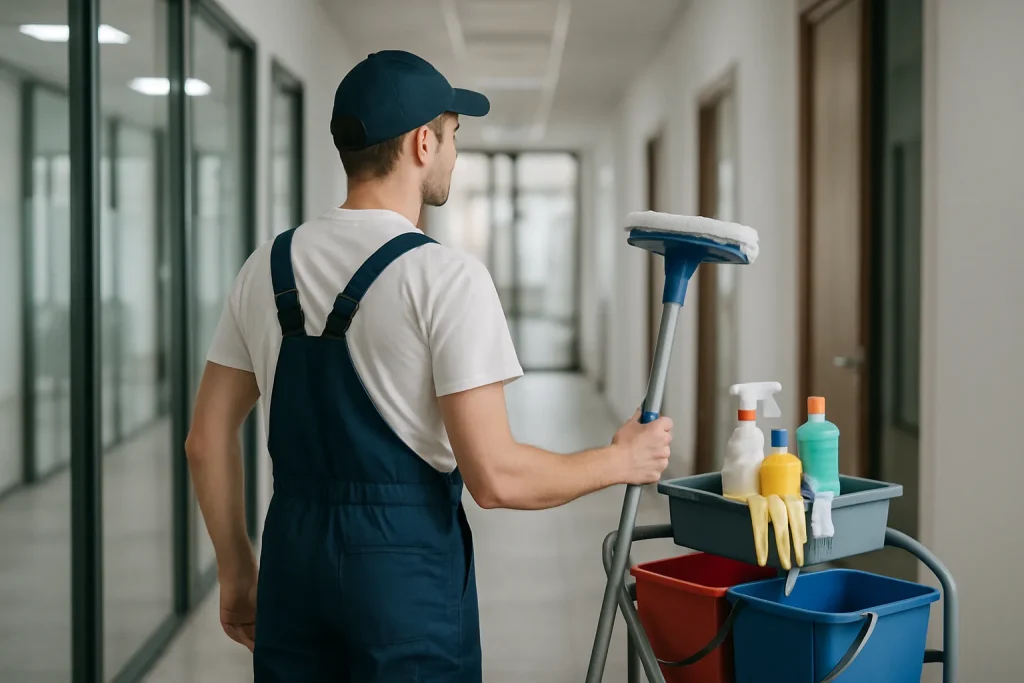 Équipe de nettoyage dans un bureau à Bondues, travaillant avec des équipements modernes.