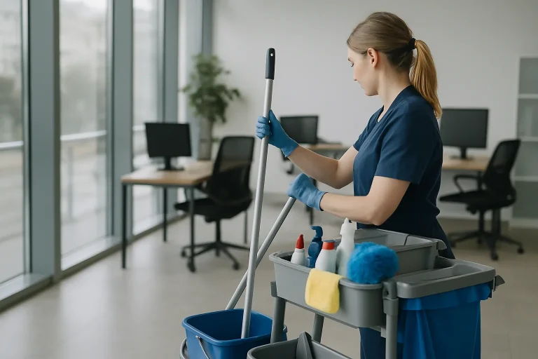 Nettoyage de bureau à Amiens par un professionnel avec des produits de nettoyage.