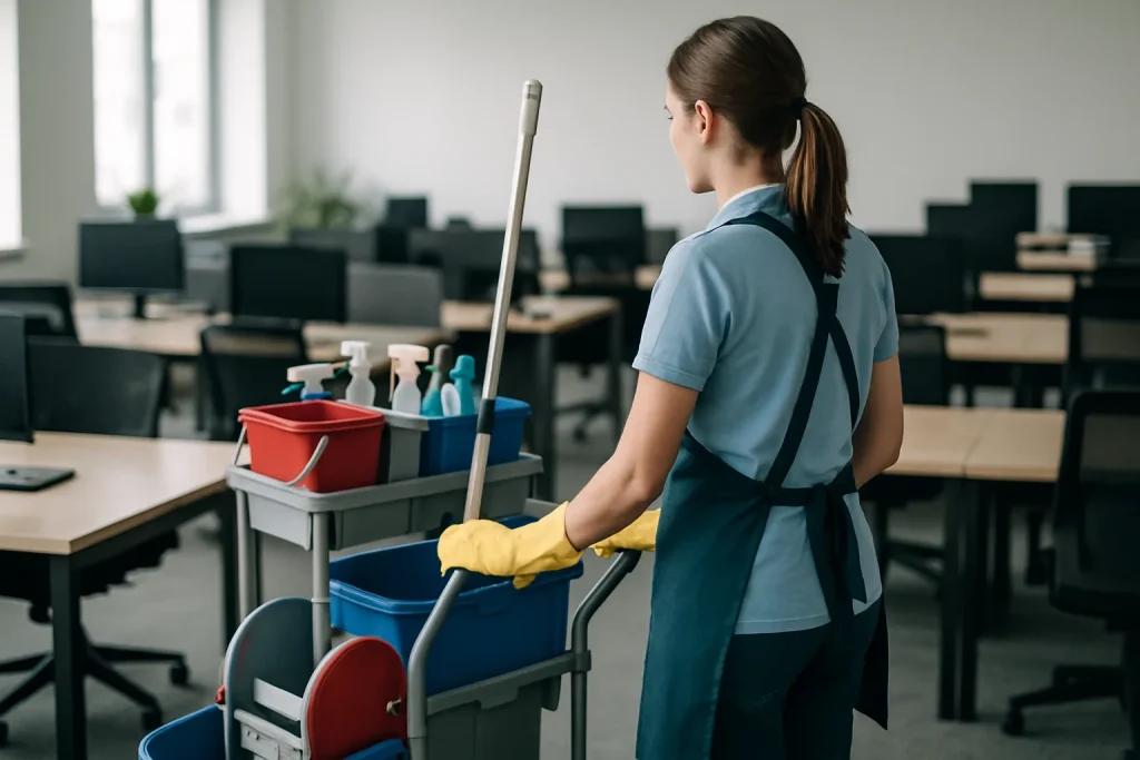 Équipe de nettoyage professionnelle en action dans un bureau à Chauny avec équipements modernes.