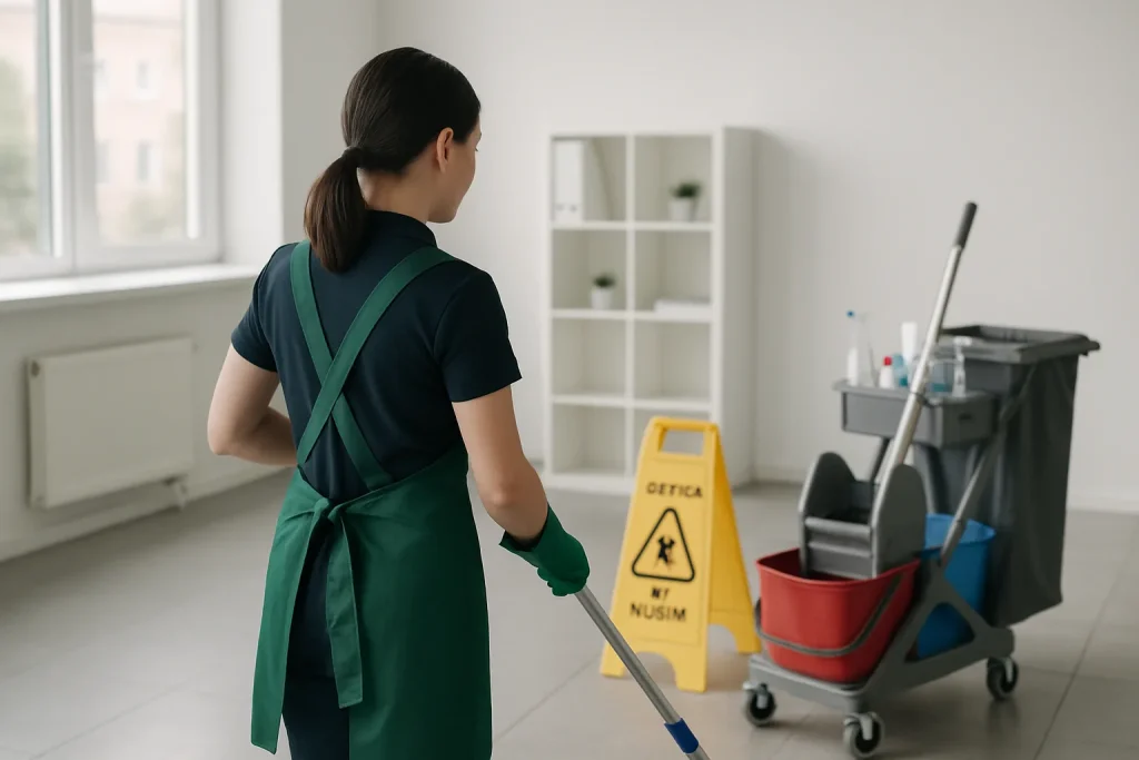 Un agent de nettoyage en action dans un appartement à Grande-Synthe, utilisant des produits désinfectants.