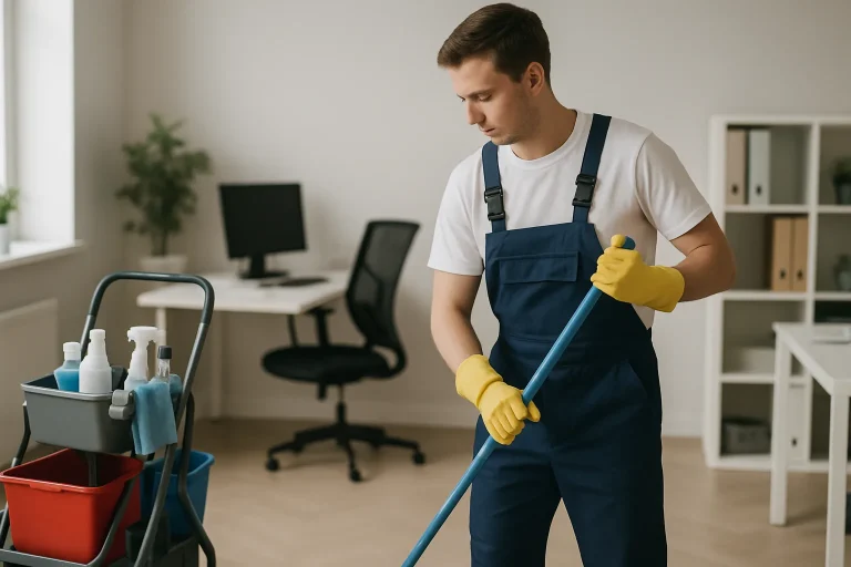 Un professionnel du nettoyage à Marly s'occupant d'un bureau avec des produits écologiques.