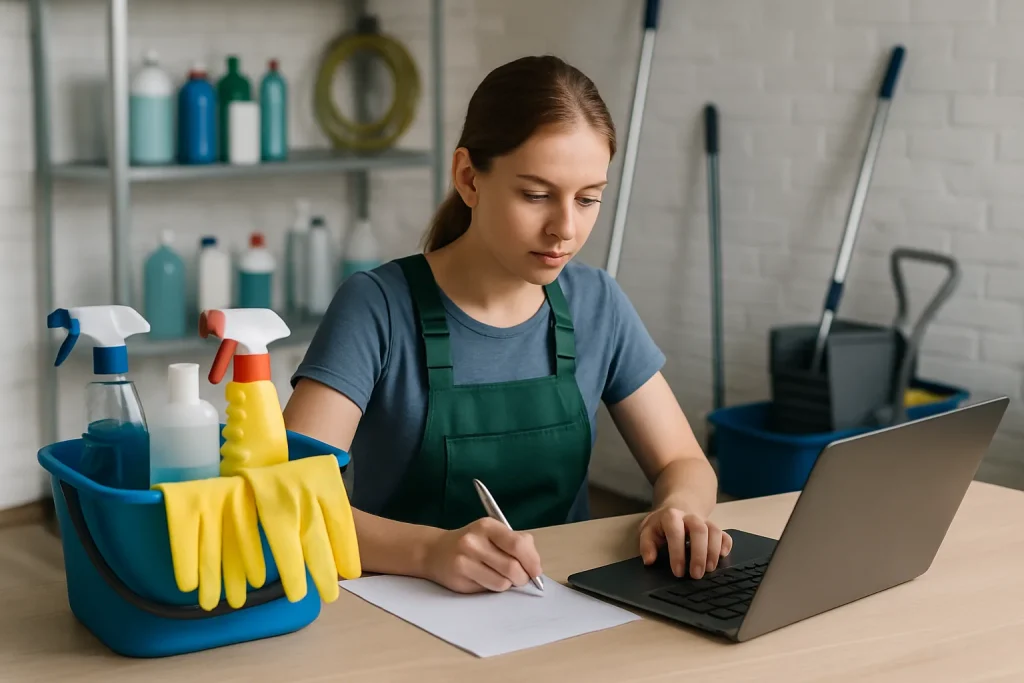 Un entrepreneur en nettoyage inspecte un appartement insalubre à Hem, avec des produits de nettoyage autour.