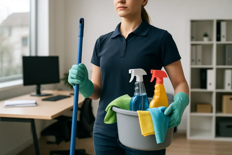 Équipe de nettoyage à Caudry utilisant des équipements modernes dans un bureau.
