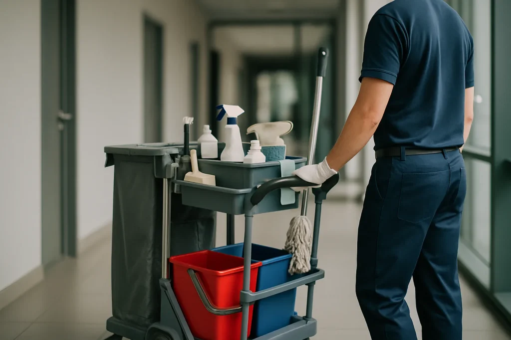 Un nettoyeur professionnel à Saint-Quentin nettoyant un bureau moderne avec des équipements adaptés.