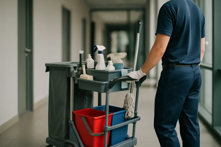 Un nettoyeur professionnel à Saint-Quentin nettoyant un bureau moderne avec des équipements adaptés.