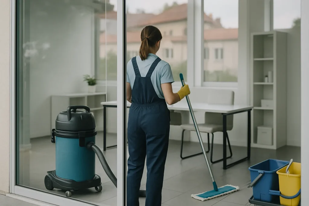 Technicien de nettoyage professionnel travaillant dans un appartement insalubre à Soissons.