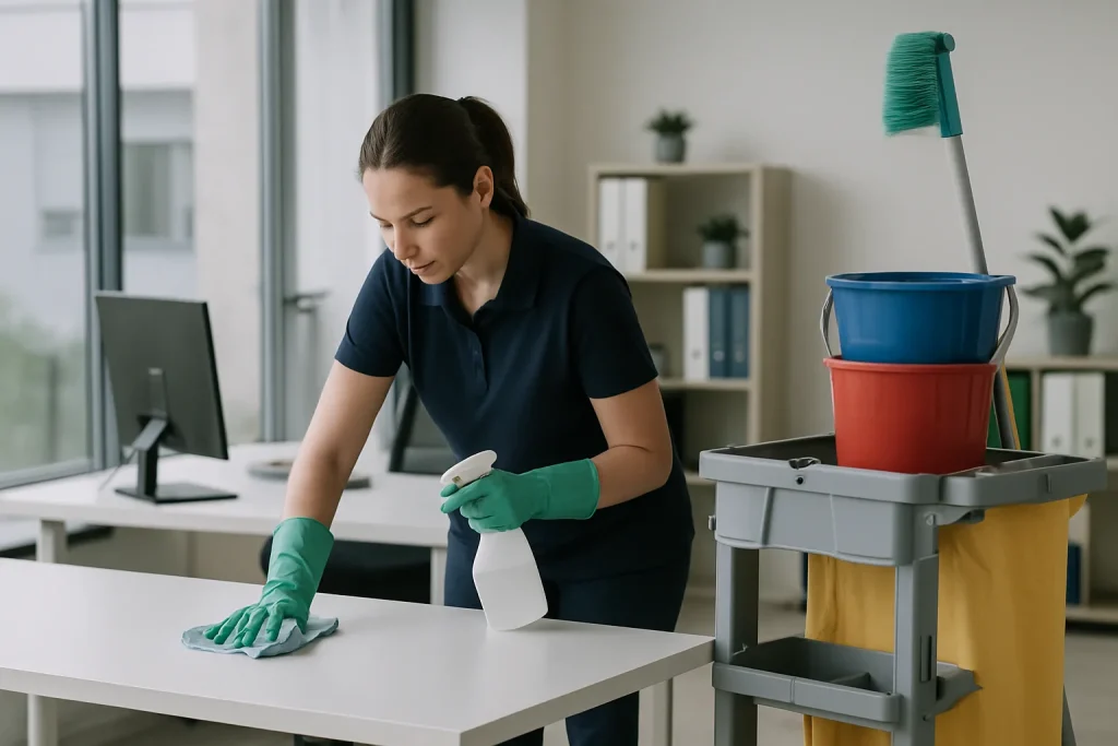 Équipe de nettoyage professionnelle dans un appartement à Arques, utilisant des produits écologiques.
