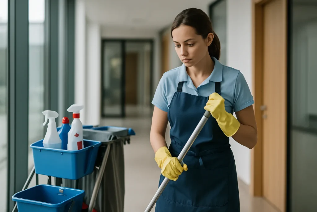 Bureau propre avec des produits de nettoyage écologiques, symbolisant un service professionnel à Salouël.