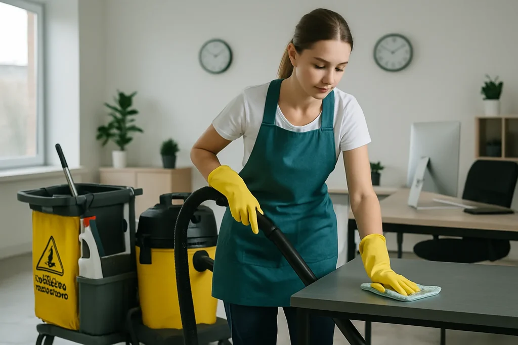 Employés d'une entreprise de nettoyage désinfectant un bureau à Libercourt.