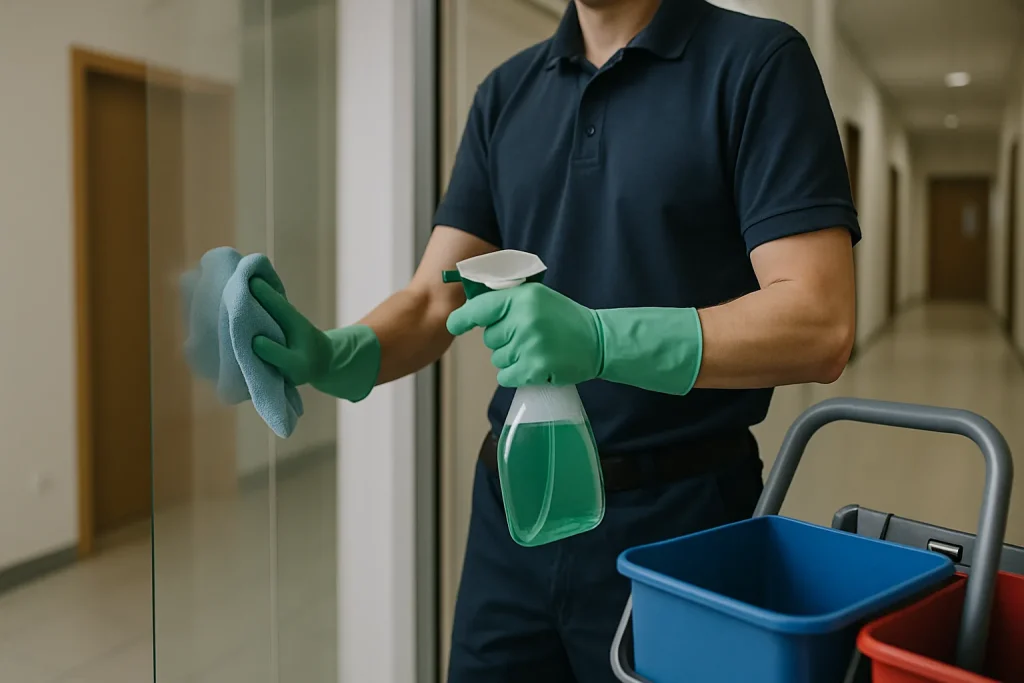 Intérieur d'un bureau propre à Beuvry, montrant des produits de nettoyage