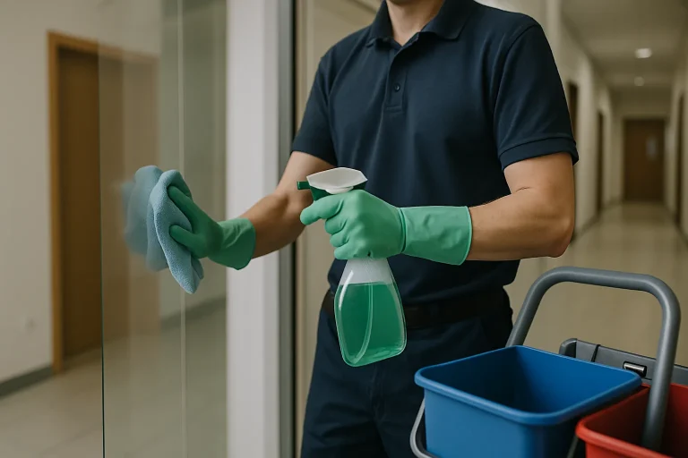 Intérieur d'un bureau propre à Beuvry, montrant des produits de nettoyage