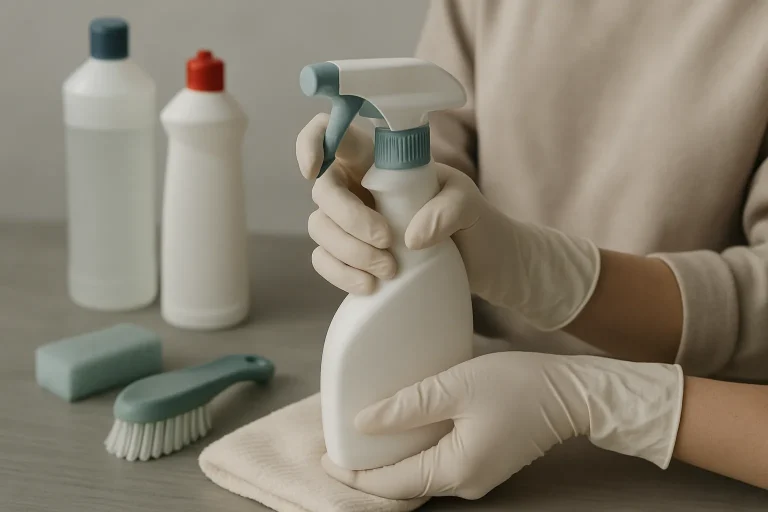 Mains avec gants utilisant des produits de nettoyage sur une table, outils variés en vue.