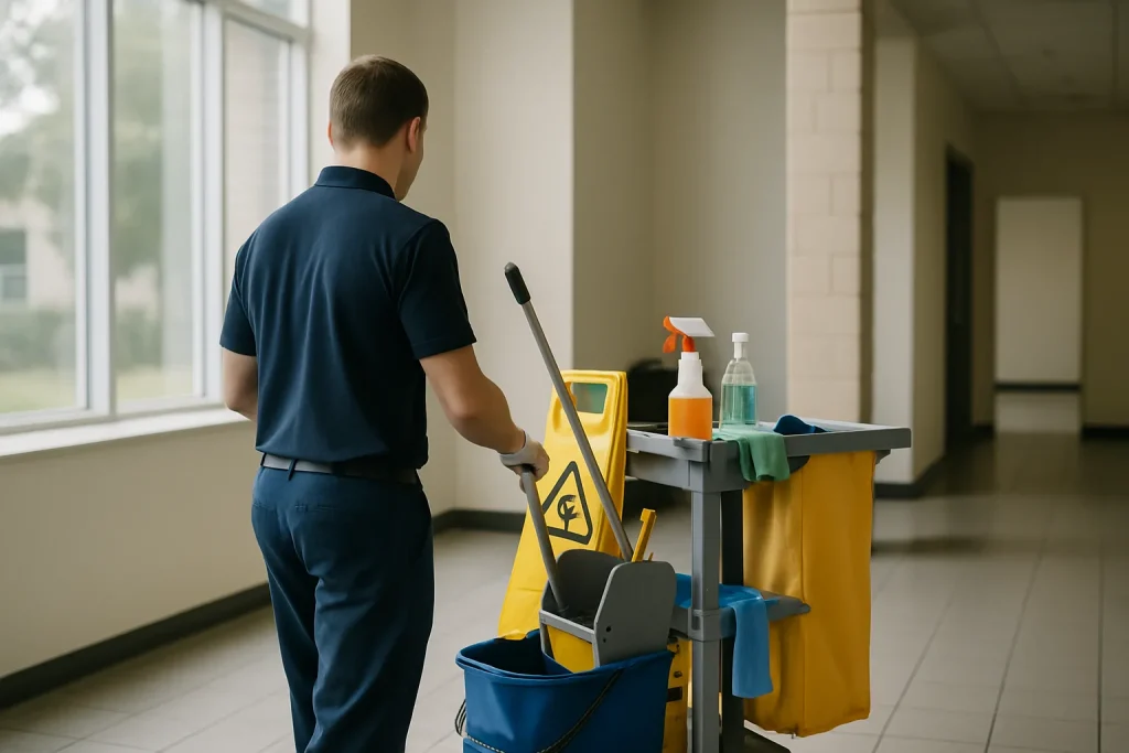 Professionnel du nettoyage dans un bureau à Méru utilisant des produits modernes.