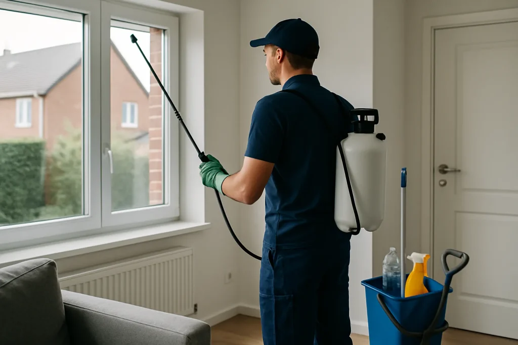 Équipe de nettoyage à Halluin, travaillant dans un appartement pour des services spécialisés.