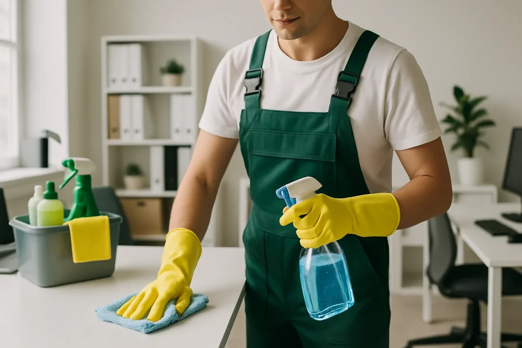 Une équipe de nettoyage dans un appartement à Chambly utilisant des produits de nettoyage.
