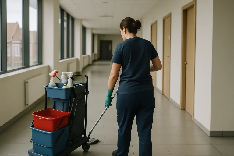 Technicien de nettoyage désinfectant un bureau à Saint-Amand-Les-Eaux.
