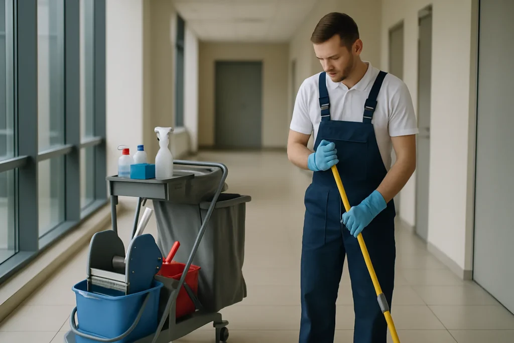 Professionnels du nettoyage à Rouvroy nettoyant un appartement avec des produits spécialisés.