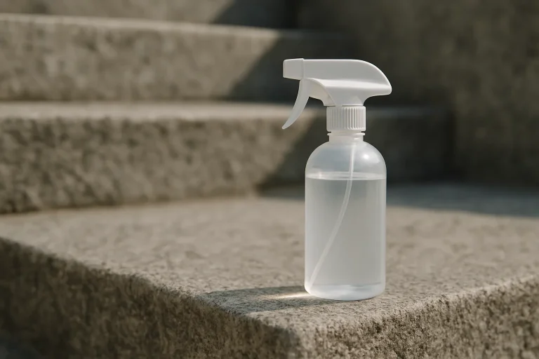 Gros plan sur un produit de désinfection posé sur une marche d'escalier, lumière naturelle.