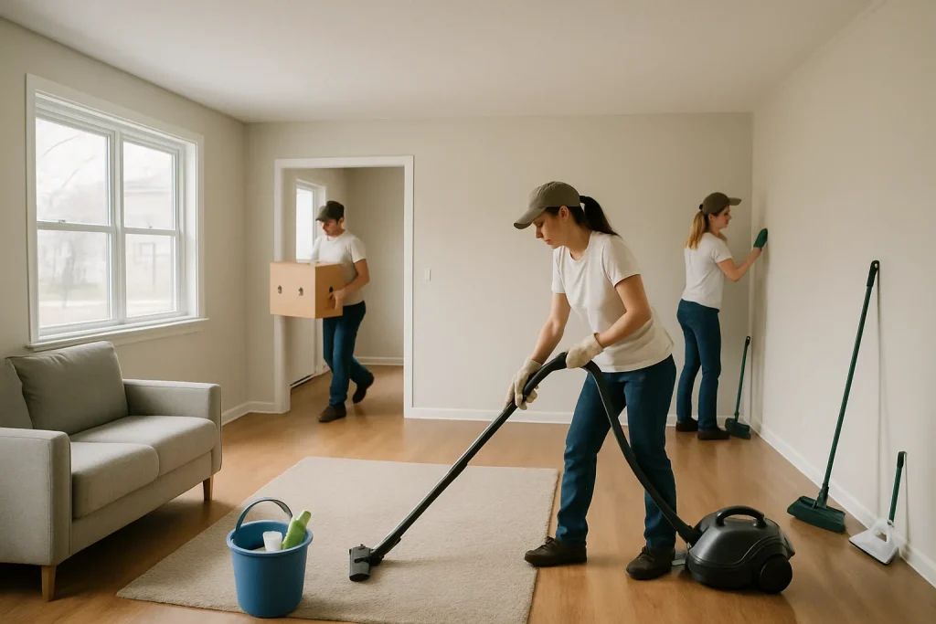 Salon en cours de débarras avec équipe travaillant à la désinfection avant vente.