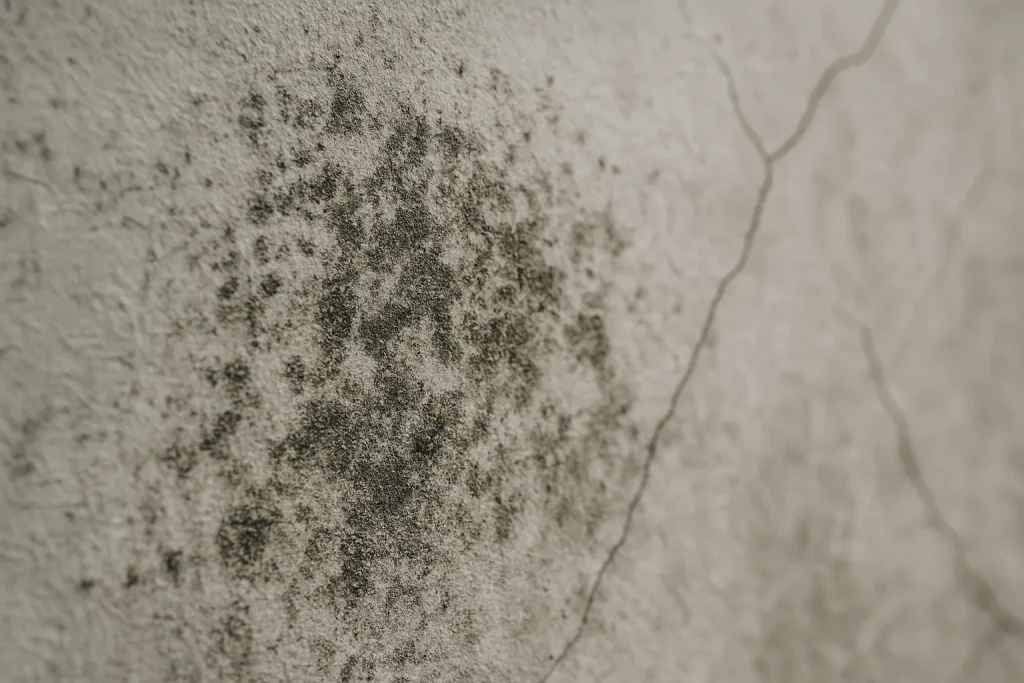 Gros plan sur des moisissures sur un mur après un dégât des eaux, texture visible