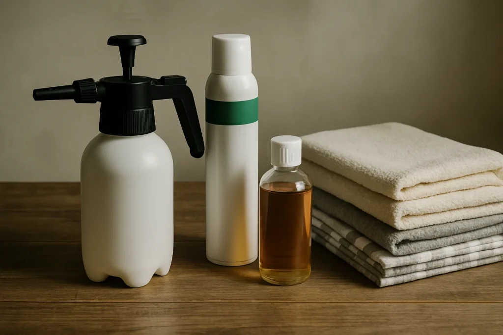 Produits de désinsectisation avec des textiles sur une table en bois, éclairage latéral.