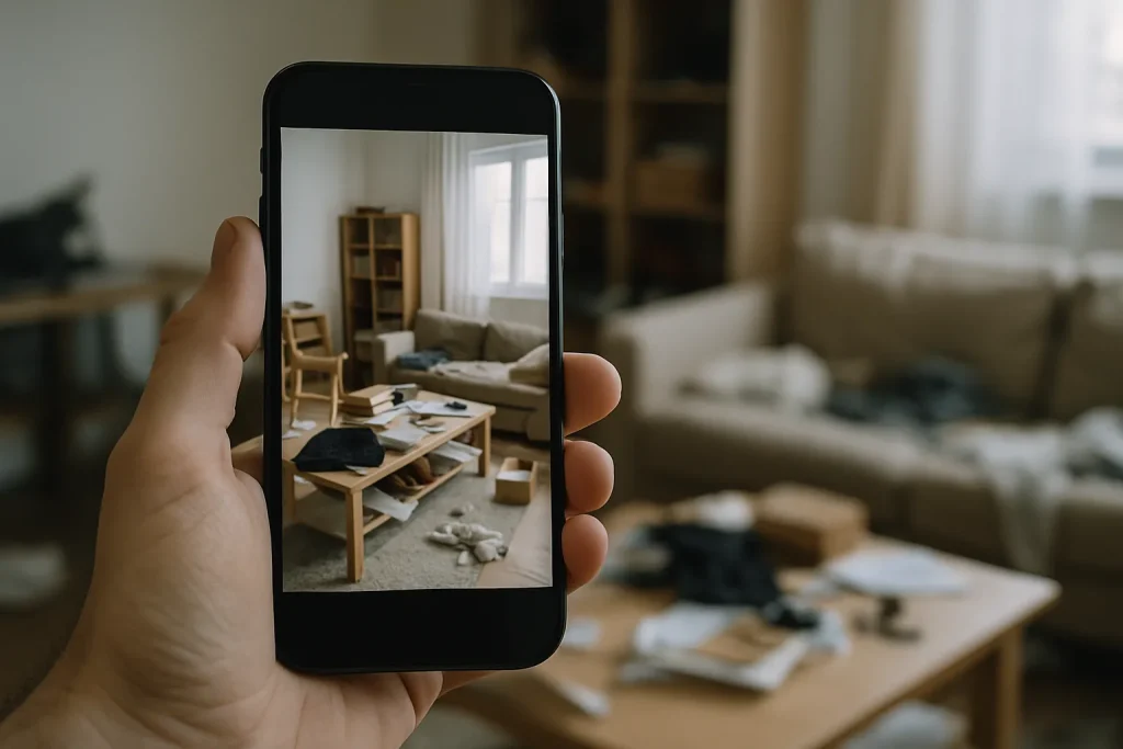 Main tenant un smartphone avec une photo d'intérieur encombré, arrière-plan flou