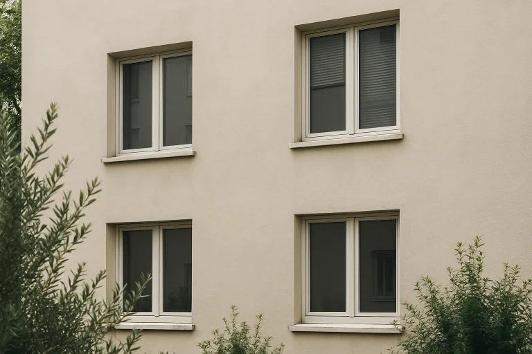 Vue extérieure d'un bâtiment résidentiel avec des fenêtres fermées, lumière douce.