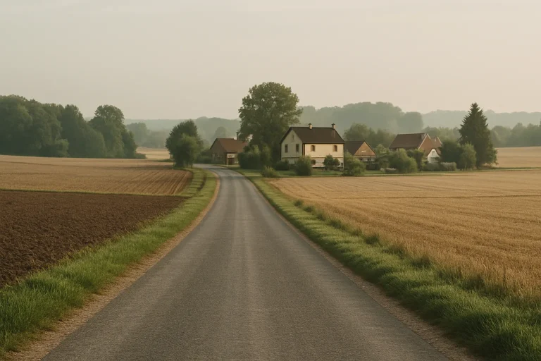 Route de campagne tranquille dans l'Aisne, maisons et champs environnants sous lumière matinale.