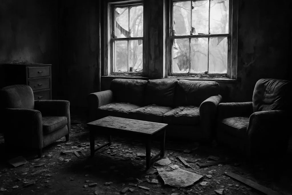 Salon en désordre après un sinistre avec meubles abîmés et lumière naturelle filtrante