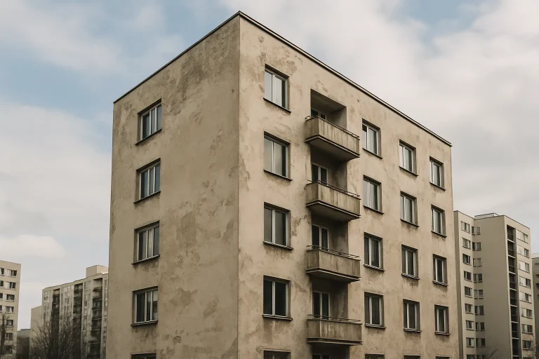 Façade d'immeuble résidentiel délabré sous un ciel nuageux.