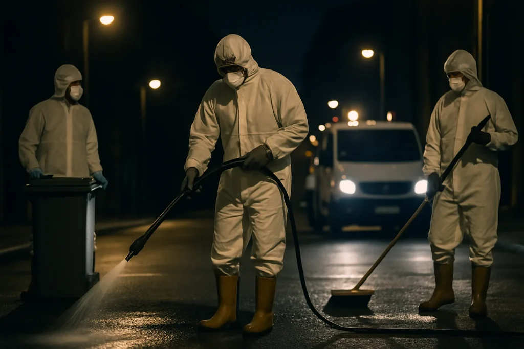 Équipe de nettoyage de nuit en tenue spécialisée dans une rue sombre, lampadaires éclairant la scène.