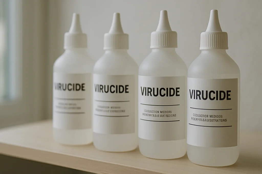 Flacons de produits virucides alignés sur une étagère avec étiquettes visibles.