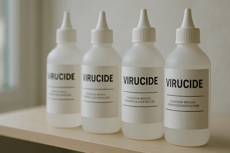 Flacons de produits virucides alignés sur une étagère avec étiquettes visibles.
