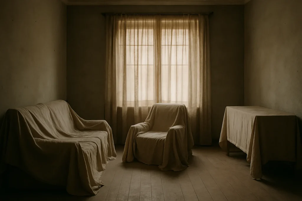 Une pièce fermée depuis longtemps, lumière douce, meubles sous draps.