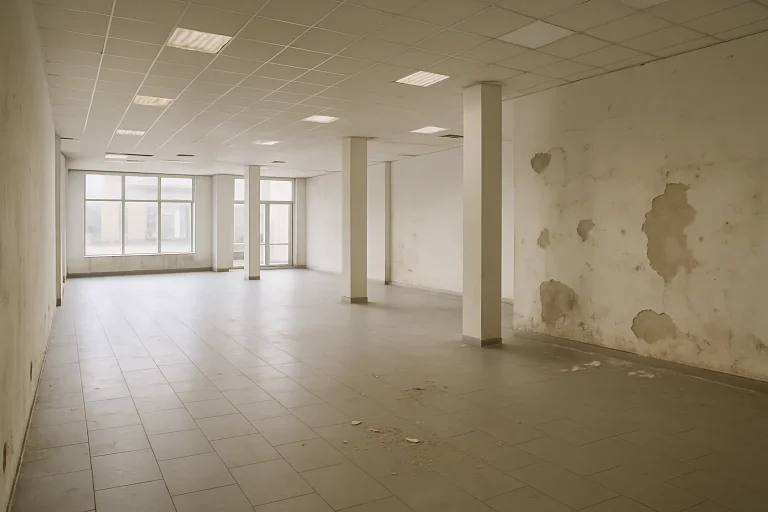 Espace commercial vide avec traces de dégâts sur les murs et sol en cours de nettoyage.
