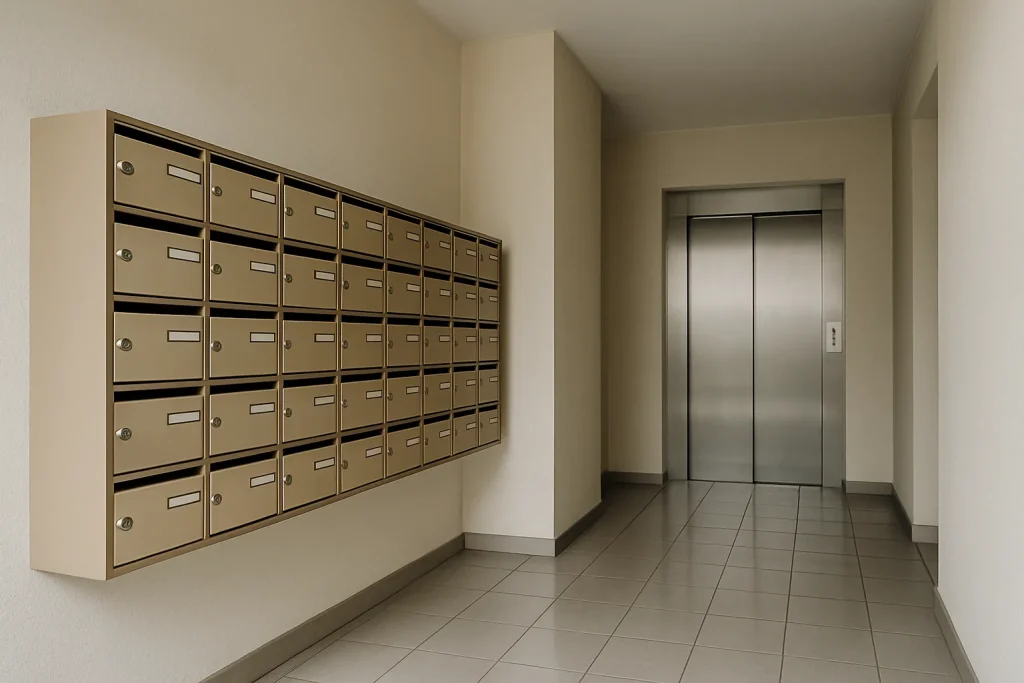 Parties communes d'un immeuble avec couloir, boîtes aux lettres et ascenseur.