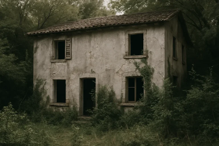 Façade d'une maison abandonnée avec végétation envahissante, lumière du jour