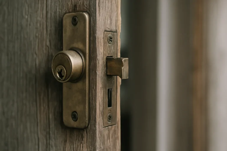 Gros plan d'une serrure cassée sur une porte entrouverte, bois usé