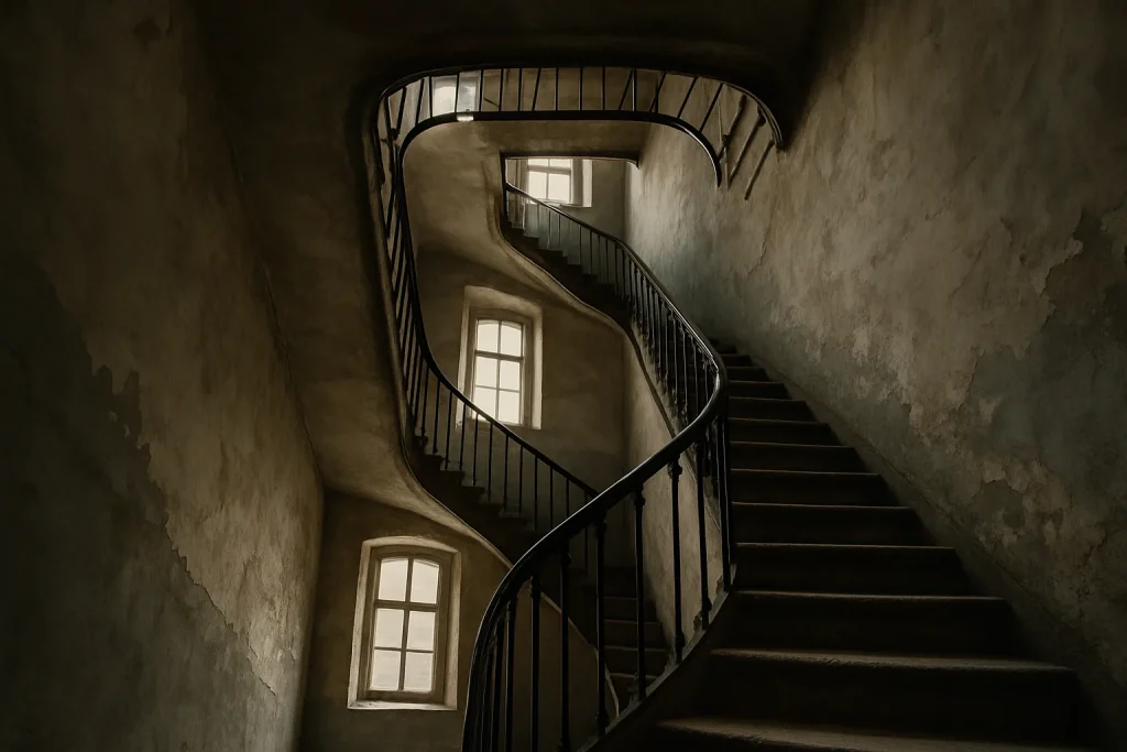 Vue en contre-plongée d'une cage d'escalier de copropriété avec murs décrépits.