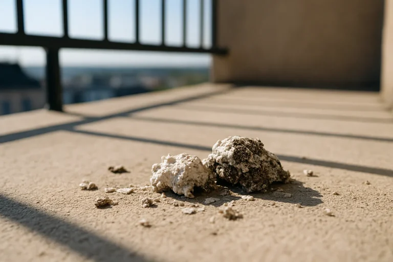 Gros plan de fientes de pigeon séchées sur un balcon ensoleillé à Laon.