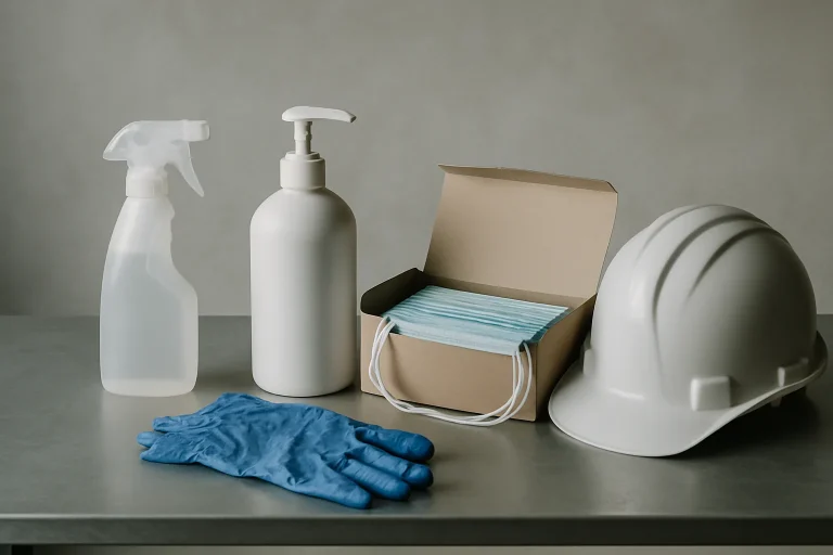 Produits de décontamination et équipements de protection posés sur une table en métal.