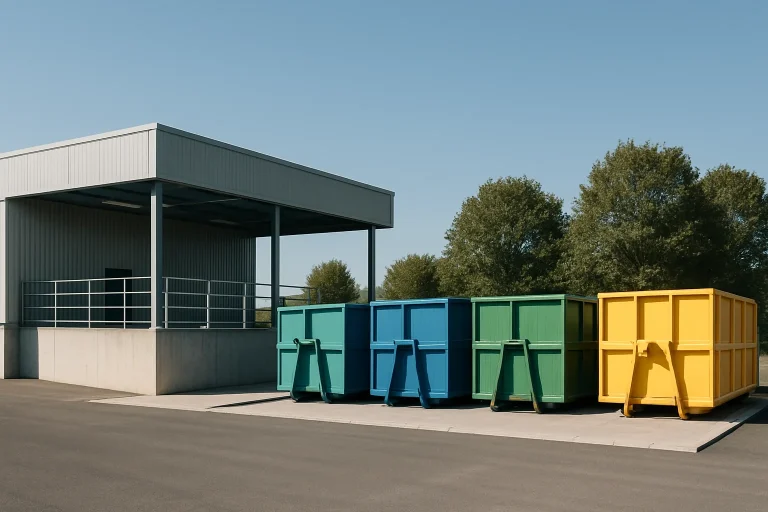 Une déchetterie avec plusieurs bennes colorées sous un ciel bleu dégagé.