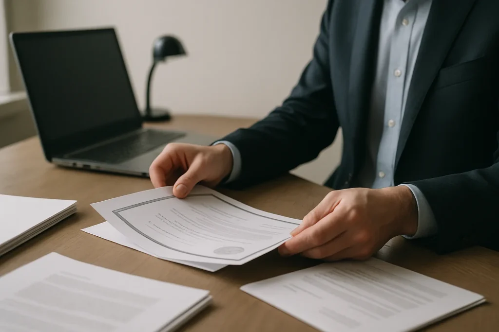 Mains d'un notaire manipulant des documents de devis de nettoyage, bureau en arrière-plan.