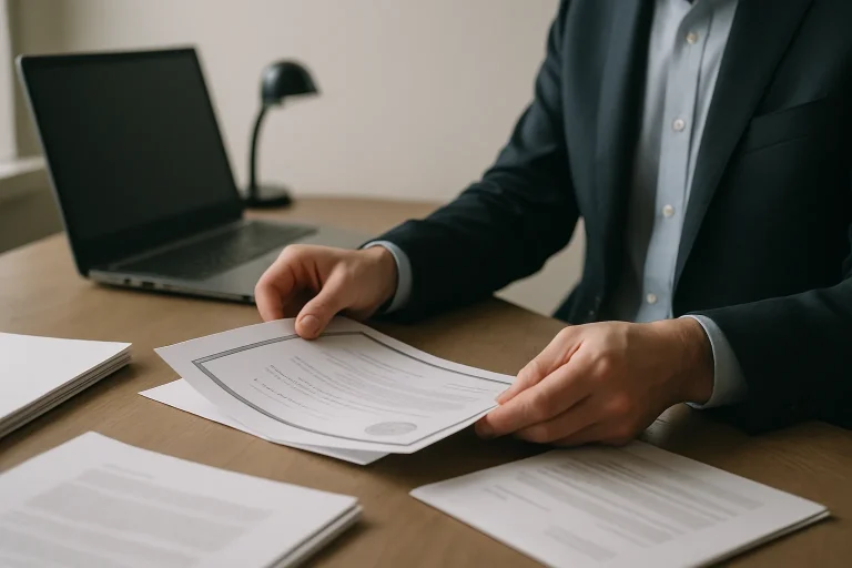 Mains d'un notaire manipulant des documents de devis de nettoyage, bureau en arrière-plan.