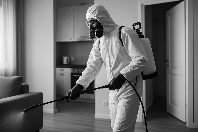 Professionnel en combinaison intégrale désinfectant un appartement infesté par des punaises de lit.