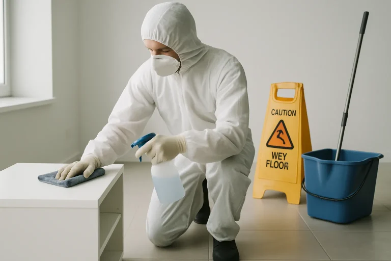 Technicien désinfectant une pièce après infestation, outils de nettoyage visibles.