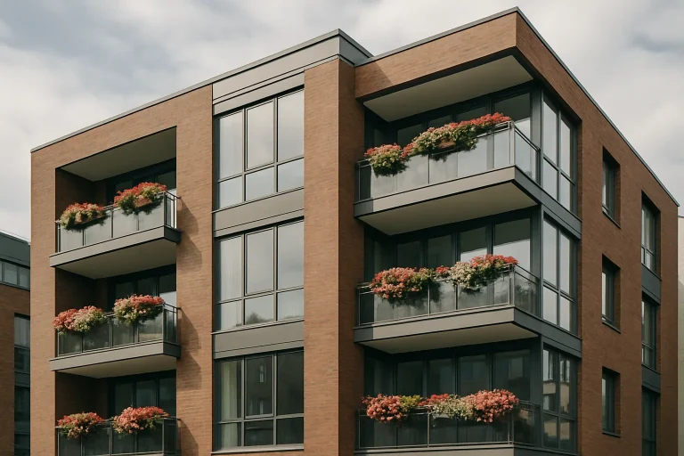 Façade extérieure d'une copropriété moderne avec balcons et ciel nuageux.